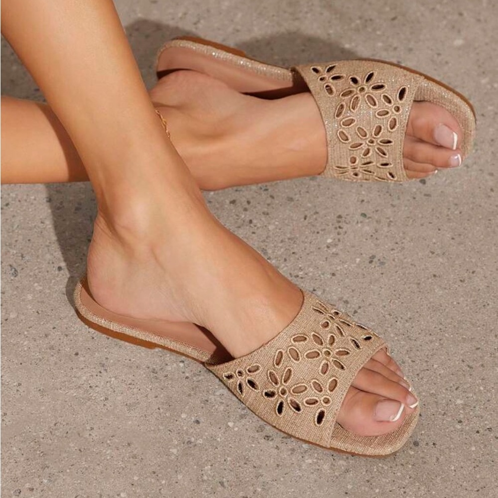 Beige Laser-Cut Slide Sandals